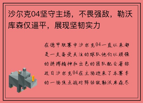 沙尔克04坚守主场，不畏强敌，勒沃库森仅逼平，展现坚韧实力