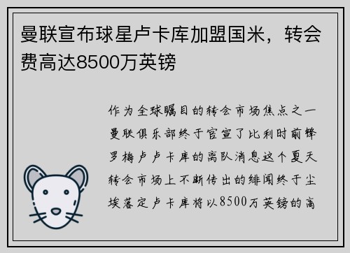 曼联宣布球星卢卡库加盟国米，转会费高达8500万英镑