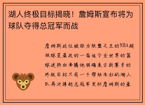 湖人终极目标揭晓！詹姆斯宣布将为球队夺得总冠军而战