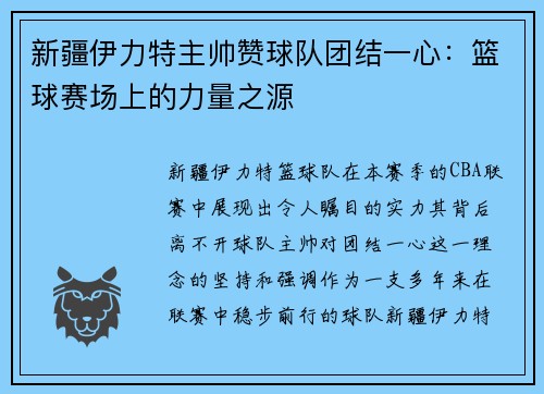 新疆伊力特主帅赞球队团结一心：篮球赛场上的力量之源