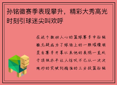 孙铭徽赛季表现攀升，精彩大秀高光时刻引球迷尖叫欢呼